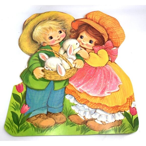 Die Cut Wall Hanging Easter Bunny Rabbits In Basket Girl Boy Double Sided Vtg - Picture 1 of 4